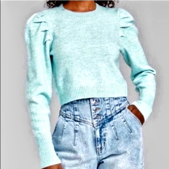 Wild Fable Women's Lt Blue Soft Puffy Sleeve Cropped Crewneck Sweater XS NWT - Picture 2 of 11